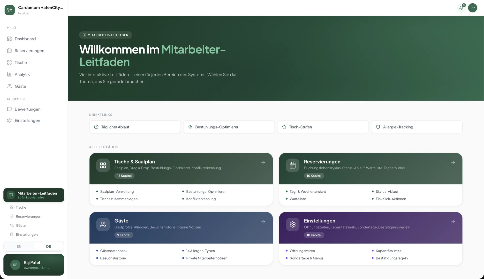 Der Mitarbeiter-Leitfaden im Dashboard: vier Leitfäden mit Direktlinks zu den häufigsten Aufgaben.