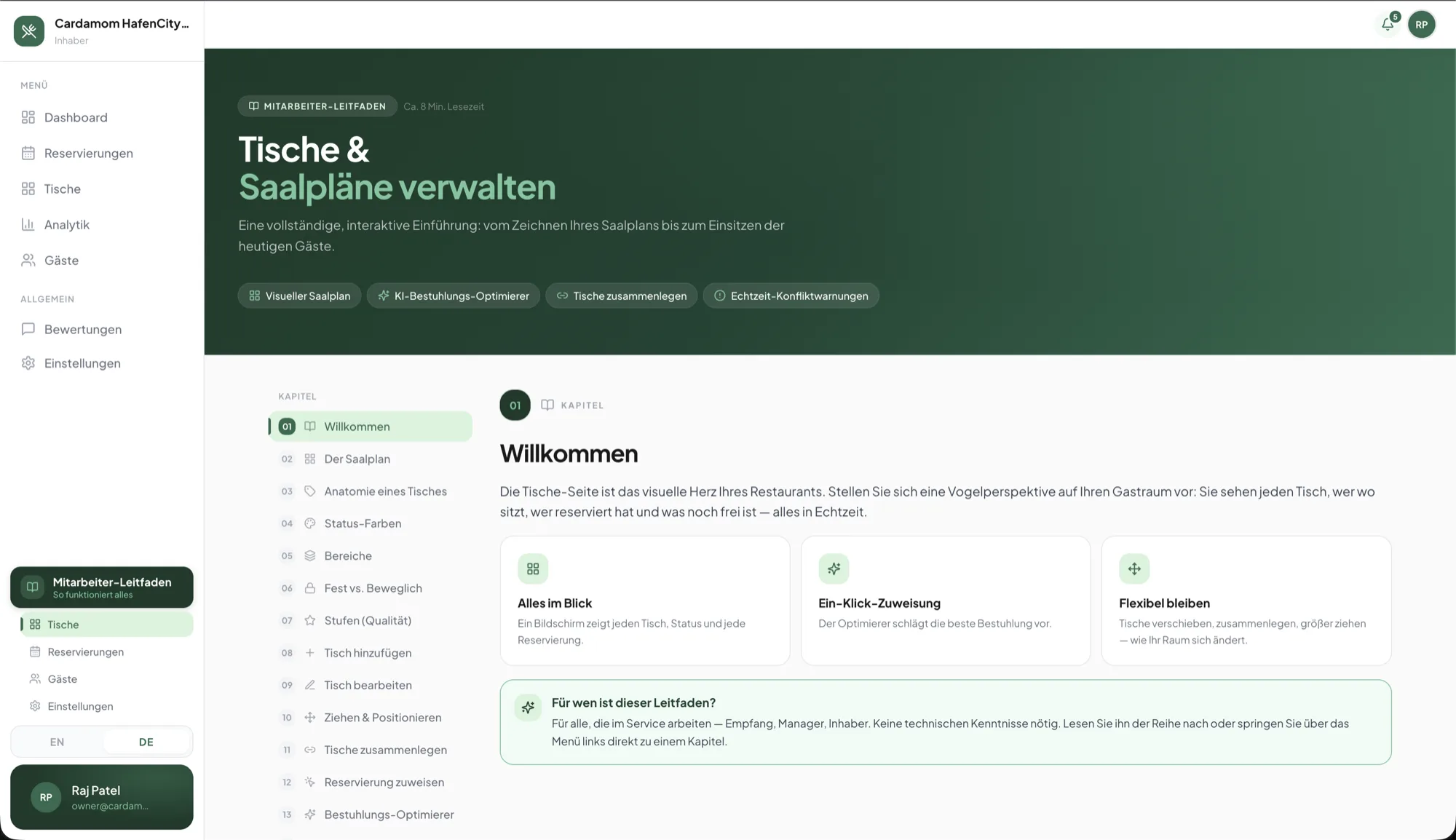 Ein Leitfaden von innen: 15 Kapitel zu Tischen und Saalplänen, mit Kapitelnavigation.