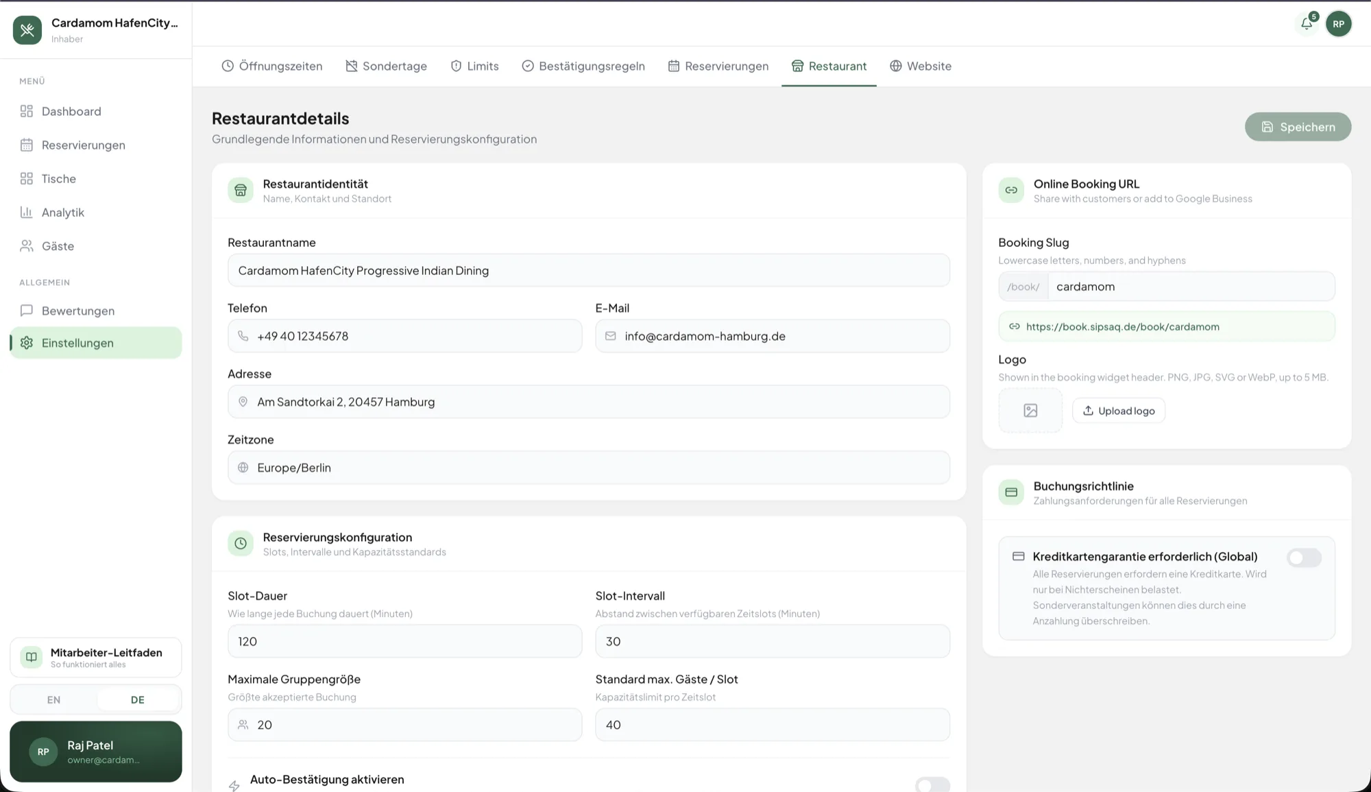 Restaurantdetails mit Buchungs-Slug. Rechts entsteht daraus die öffentliche Buchungsadresse. Aufnahme aus dashboard.sipsaq.de.