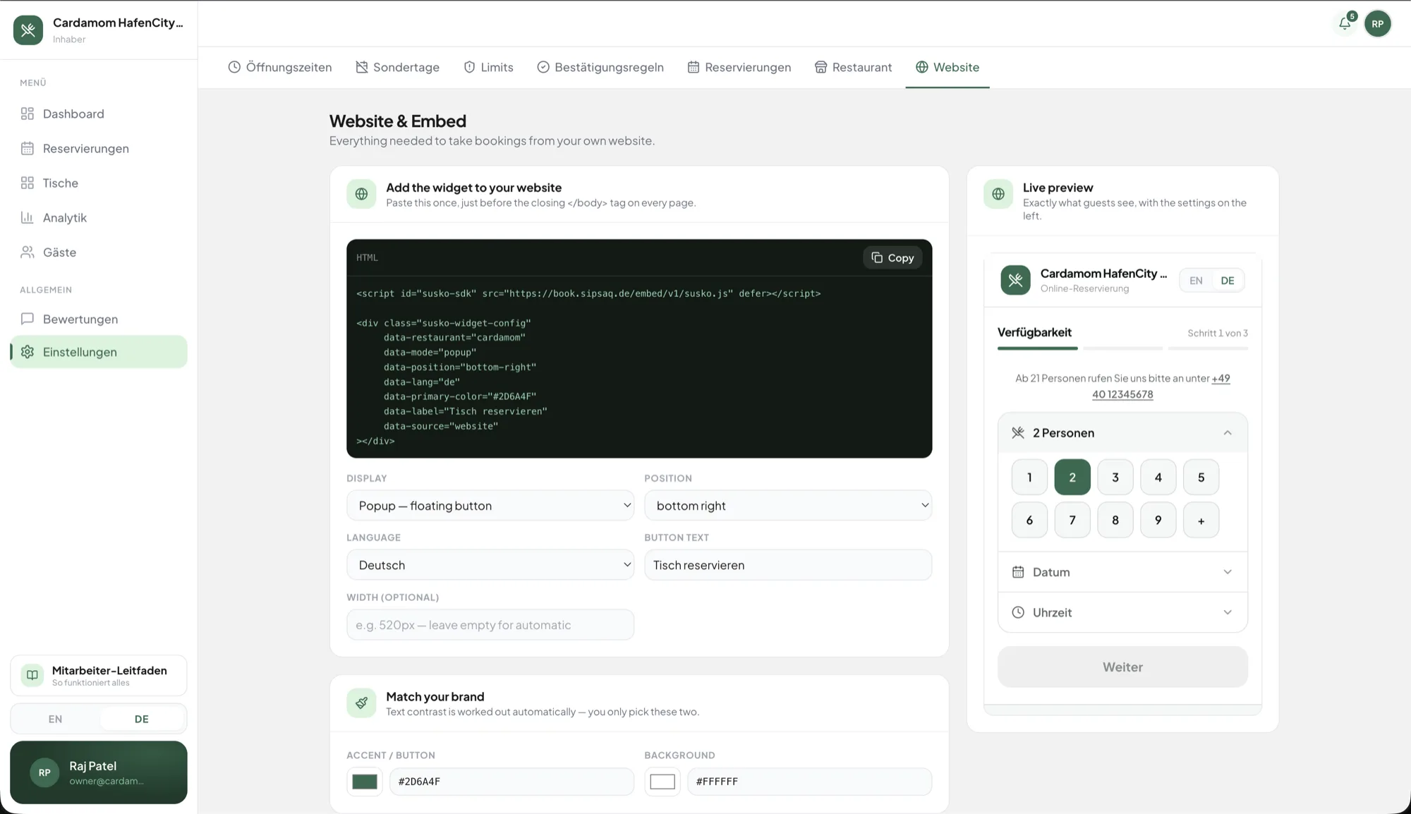 Einstellungen → Website: das Snippet links, die Live-Vorschau rechts. Was links geändert wird, ist rechts sofort zu sehen. Aufnahme aus dashboard.sipsaq.de.