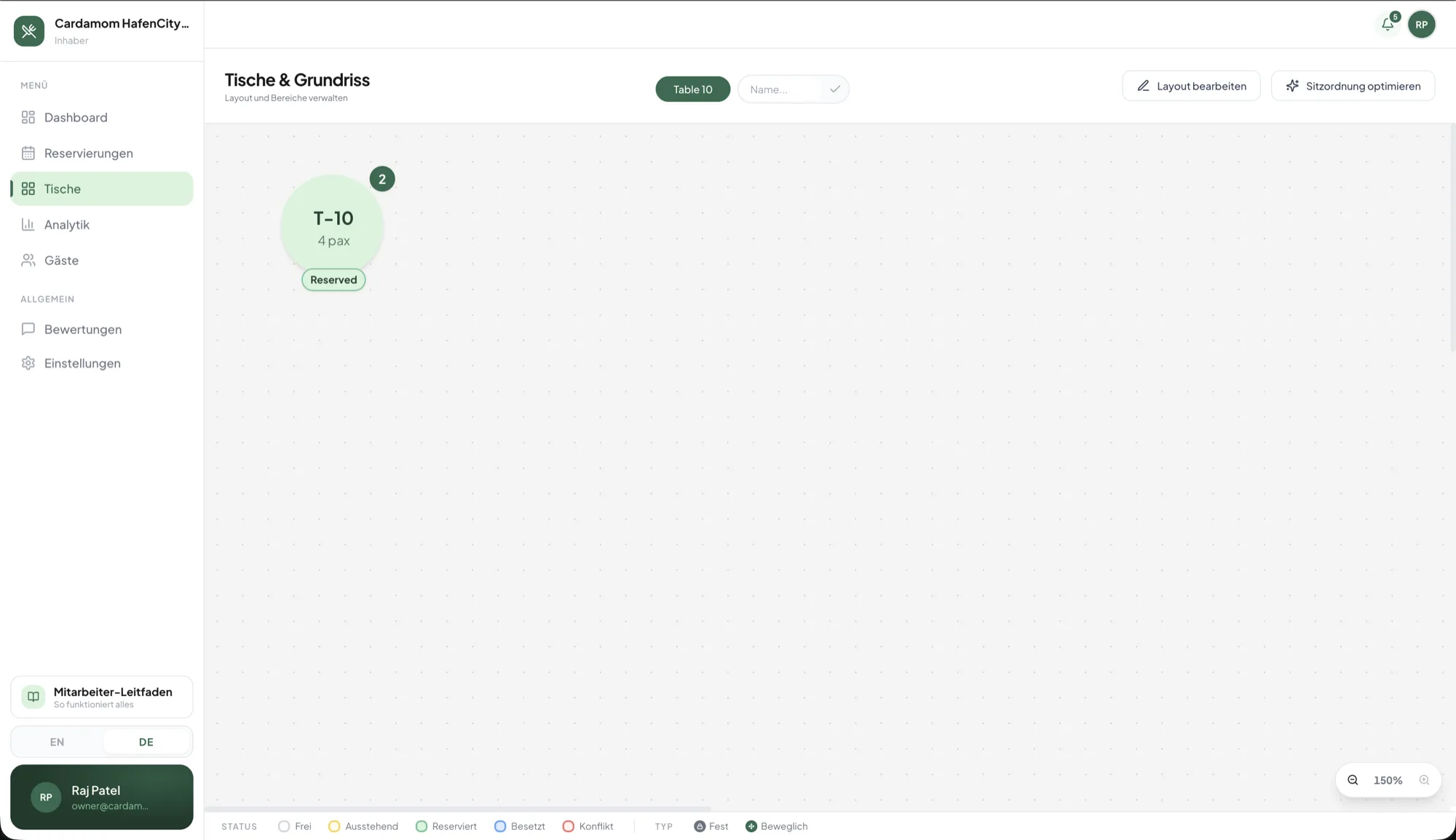 Der Saalplan mit Statusleiste am unteren Rand. Der Zoom rechts unten hilft in größeren Räumen. Aufnahme aus dashboard.sipsaq.de.
